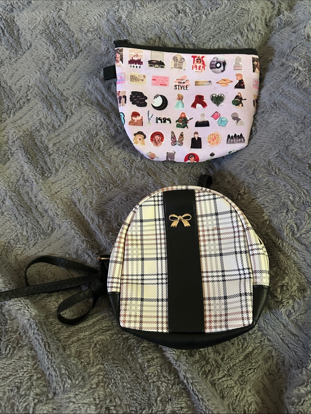 Taylor Swift cosmetic bag and Plaid Mini Backpack with Gold Bow Accent